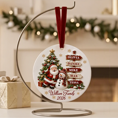 Santa Clause Snow Woman Family Round Ceramic Ornament