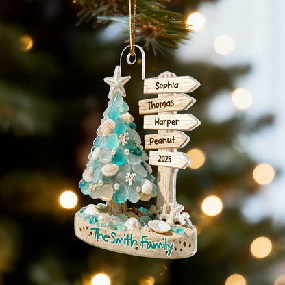 3D Sea Glass Effect Christmas Tree Sign Posts - Personalized Acrylic Ornament - Coastal Vibe Christmas Gift