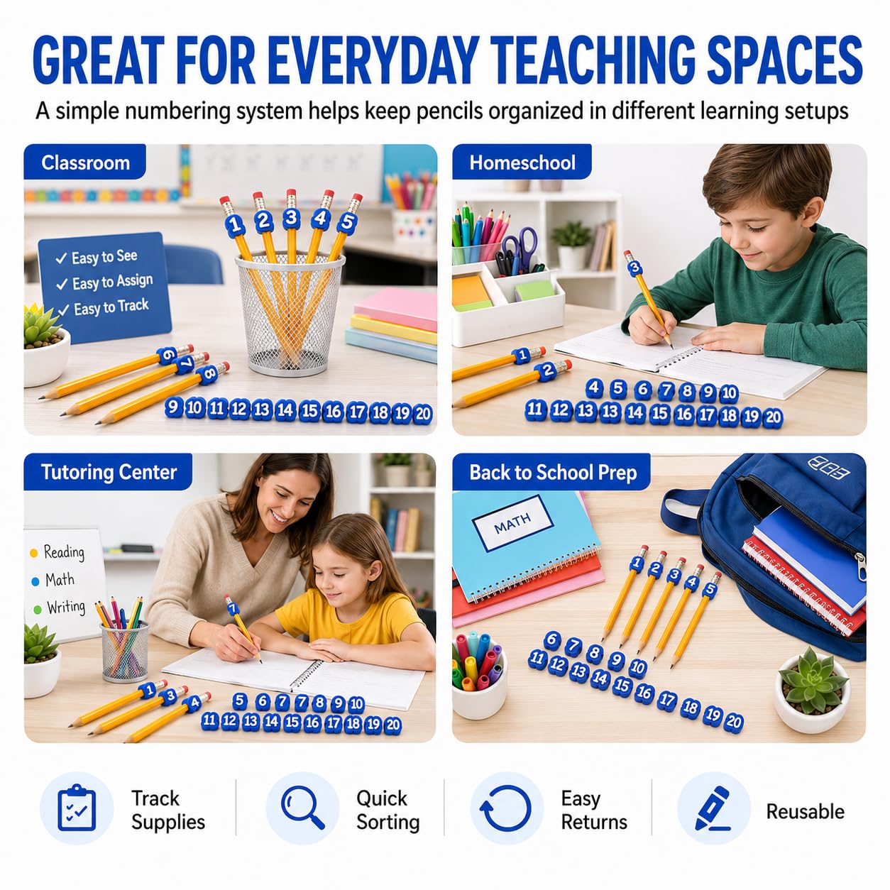 20 Pcs Number Pencil Toppers 1-20, Reusable Classroom Pencil Labels for Teachers, Pencil Tracking Markers for Student Number System, School Supply Station and Classroom Organization