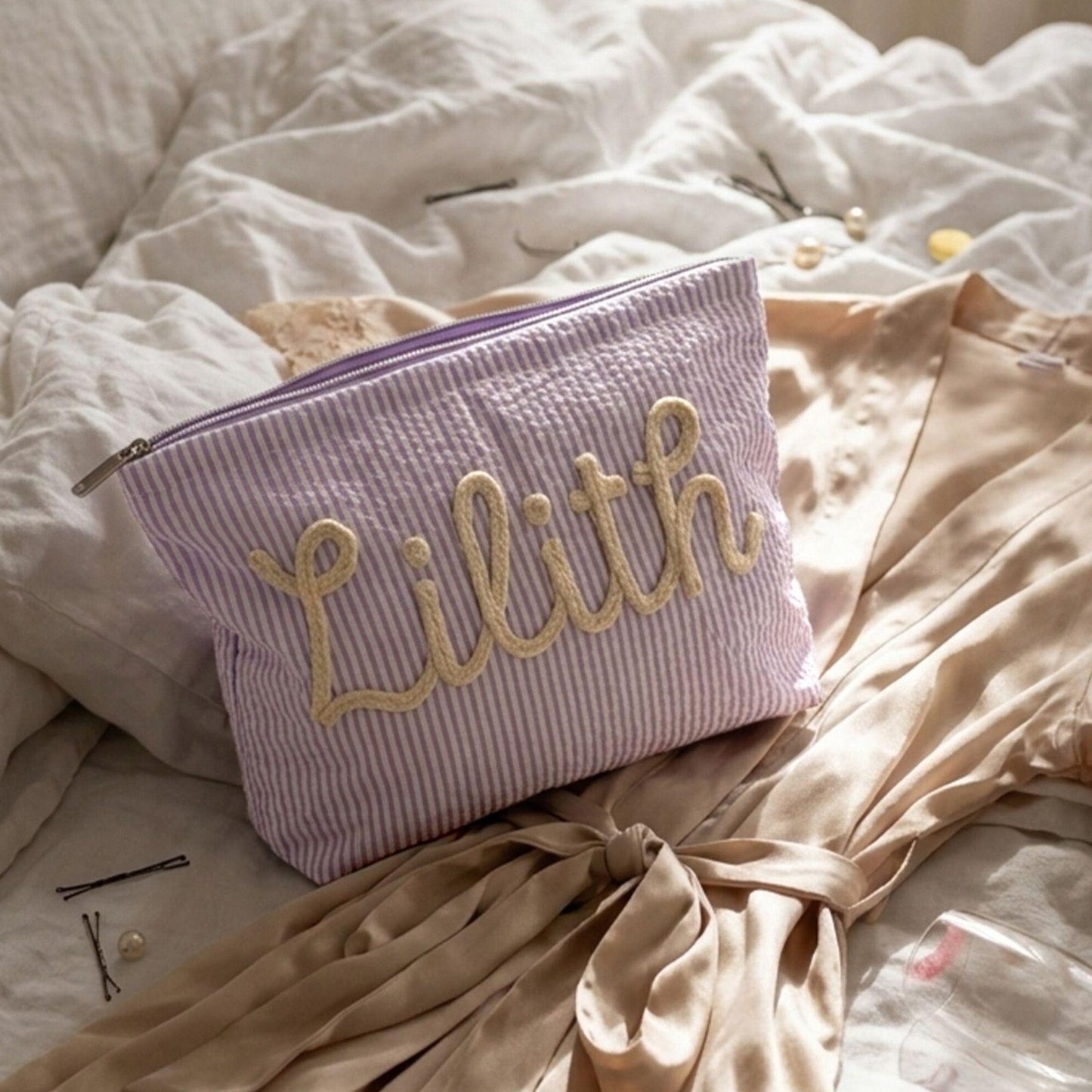 Personalized Name Seersucker Makeup Bag - Gift For Mom, Girlfriend, Women, Summer Gift