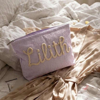 Personalized Name Seersucker Makeup Bag - Gift For Mom, Girlfriend, Women, Summer Gift