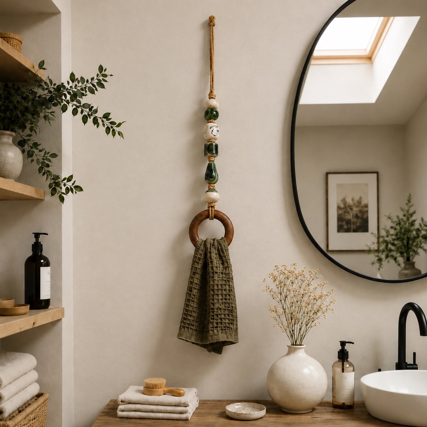 Decorative Beaded Towel Hanger with Wooden Ring