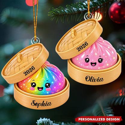 Personalized Glitter Dumpling Ornament, Bamboo Steamer, 2026 Xmas Keepsake