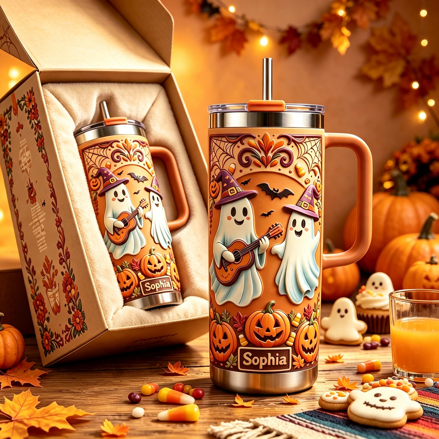 👻🎃Personalized Halloween Ghost Guitar 40oz Tumbler with Handle