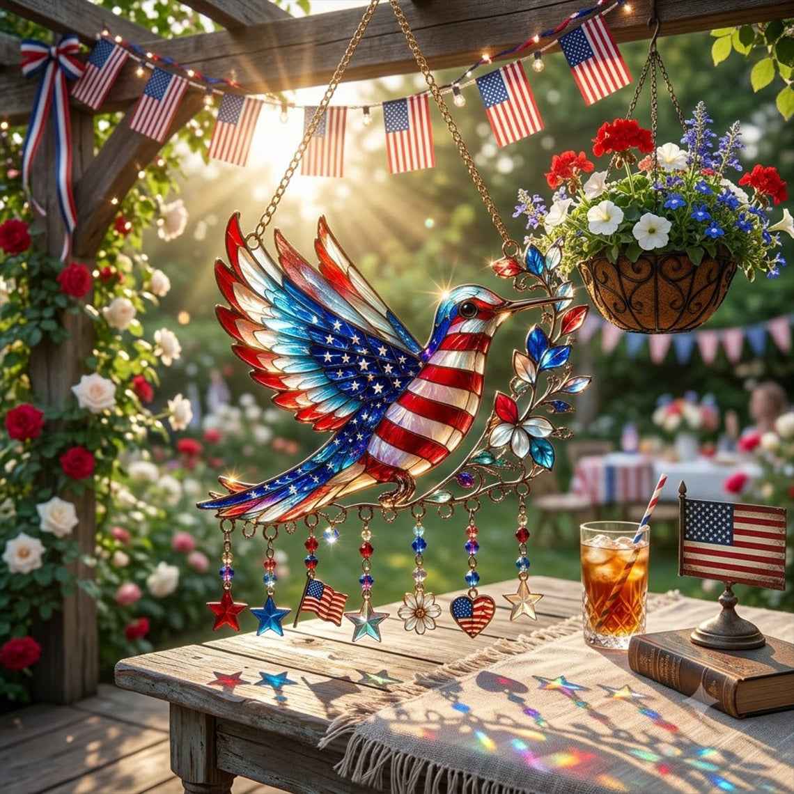 Charm Patriotic Hummingbird - Acrylic Window Hanging Suncatcher - 250th Anniversary Gift