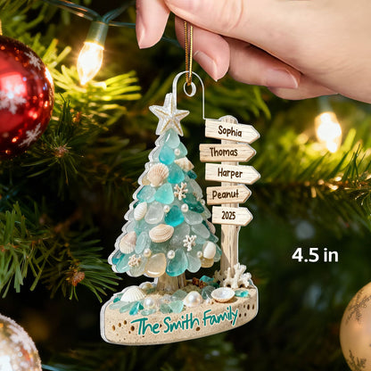 3D Sea Glass Effect Christmas Tree Sign Posts - Personalized Acrylic Ornament - Coastal Vibe Christmas Gift