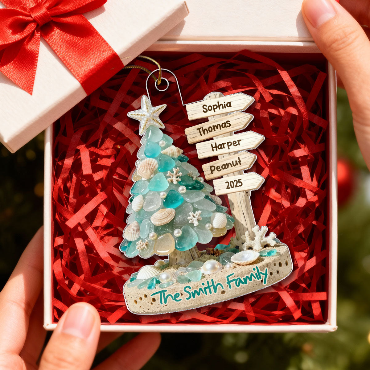 3D Sea Glass Effect Christmas Tree Sign Posts - Personalized Acrylic Ornament - Coastal Vibe Christmas Gift