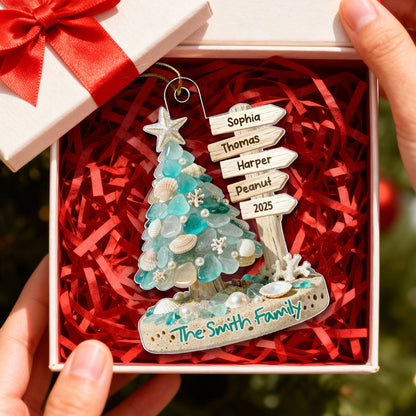 3D Sea Glass Effect Christmas Tree Sign Posts - Personalized Acrylic Ornament - Coastal Vibe Christmas Gift