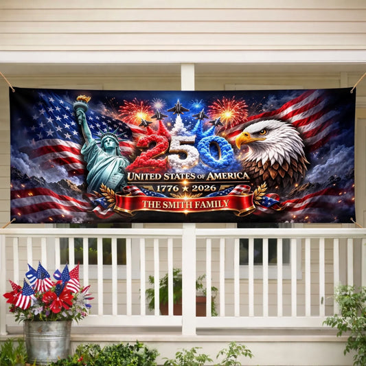 Custom Outdoor Banner - Personalized America 250th Anniversary Gifts For Mom, Dad, Brother, Sister, Kids - Strong As One