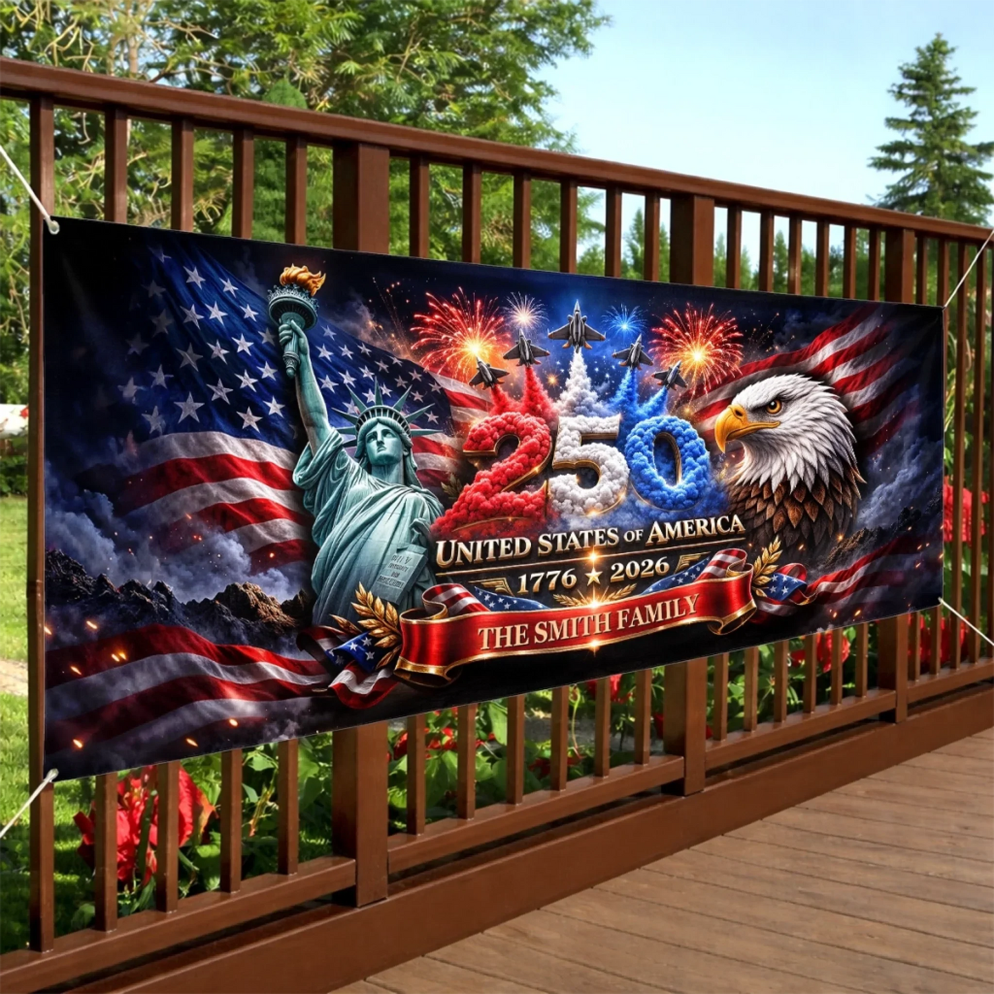 Custom Outdoor Banner - Personalized America 250th Anniversary Gifts For Mom, Dad, Brother, Sister, Kids - Strong As One
