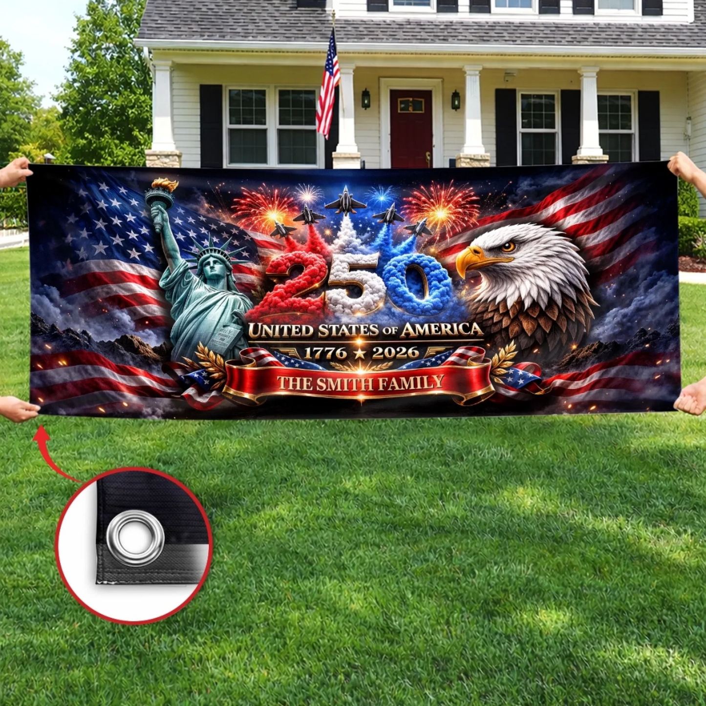 Custom Outdoor Banner - Personalized America 250th Anniversary Gifts For Mom, Dad, Brother, Sister, Kids - Strong As One