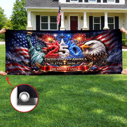 Custom Outdoor Banner - Personalized America 250th Anniversary Gifts For Mom, Dad, Brother, Sister, Kids - Strong As One