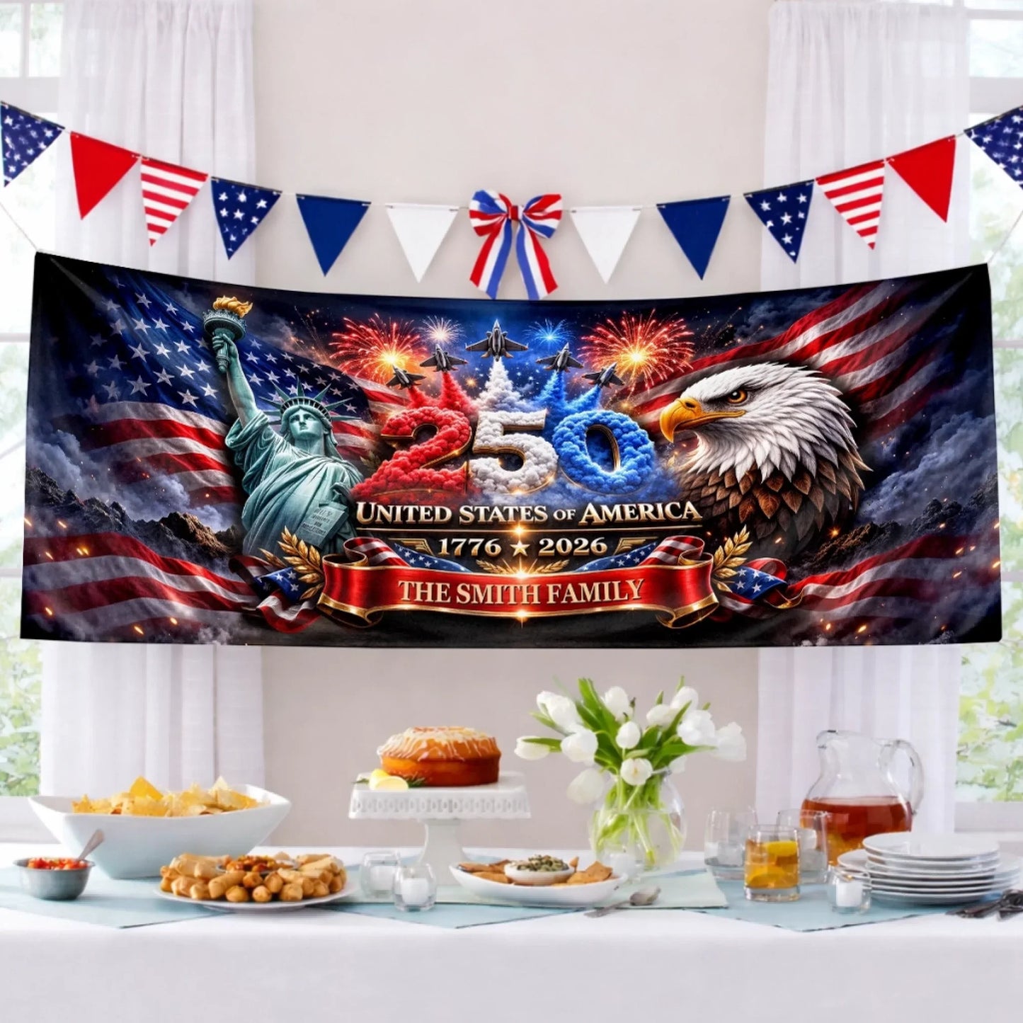 Custom Outdoor Banner - Personalized America 250th Anniversary Gifts For Mom, Dad, Brother, Sister, Kids - Strong As One
