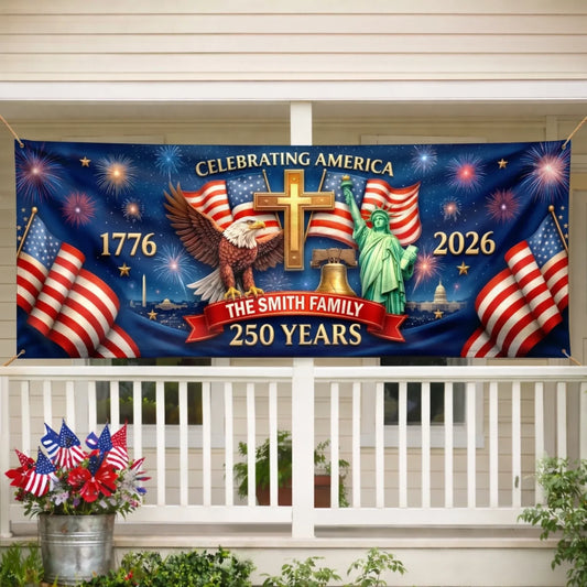 Custom Polyester Outdoor Banner - Personalized America 250th Anniversary Gifts - Proud Hearts Shine Bright