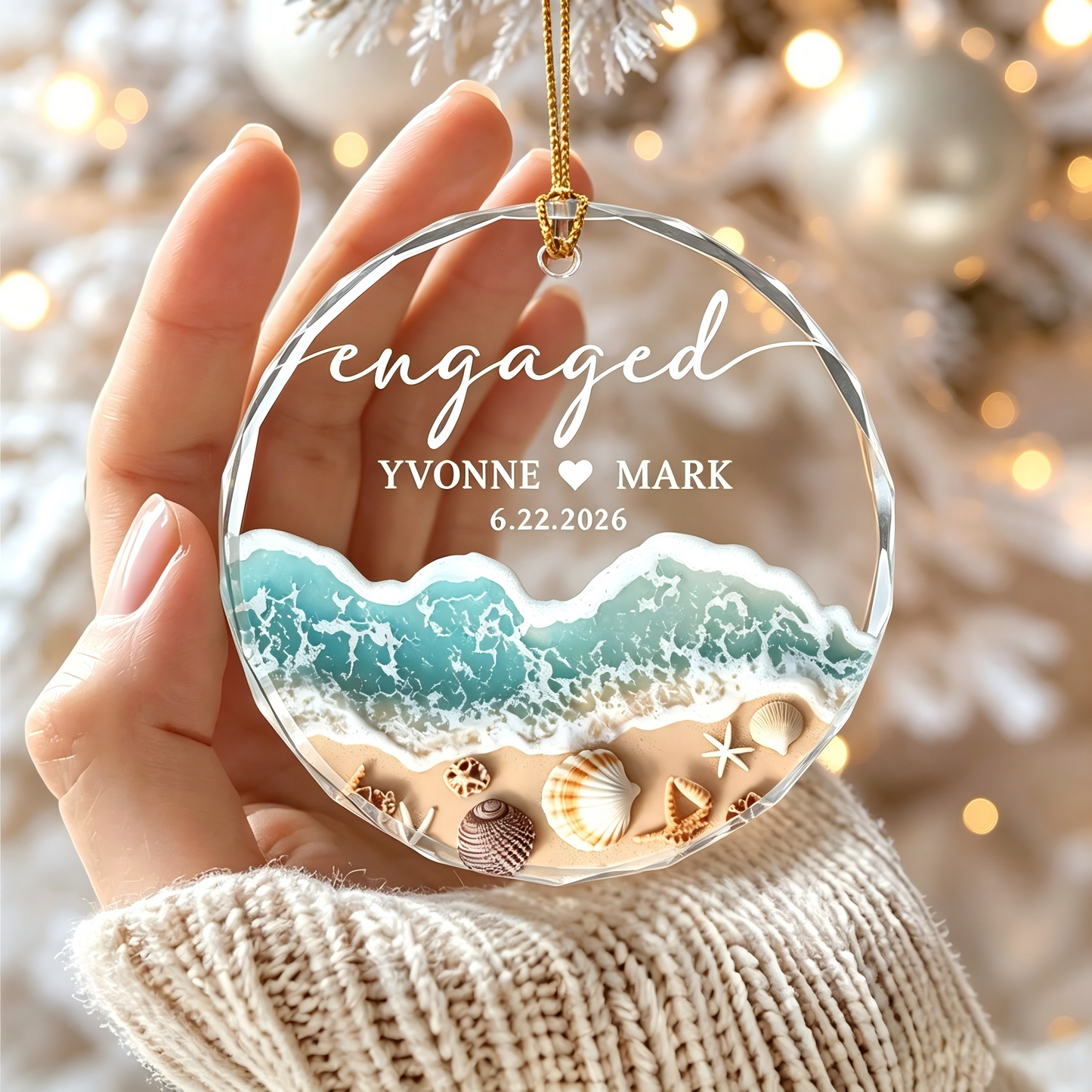 Personalized Beach Engaged Married Glass Ornament