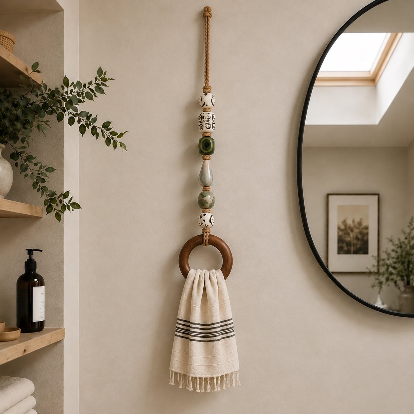 Decorative Beaded Towel Hanger with Wooden Ring