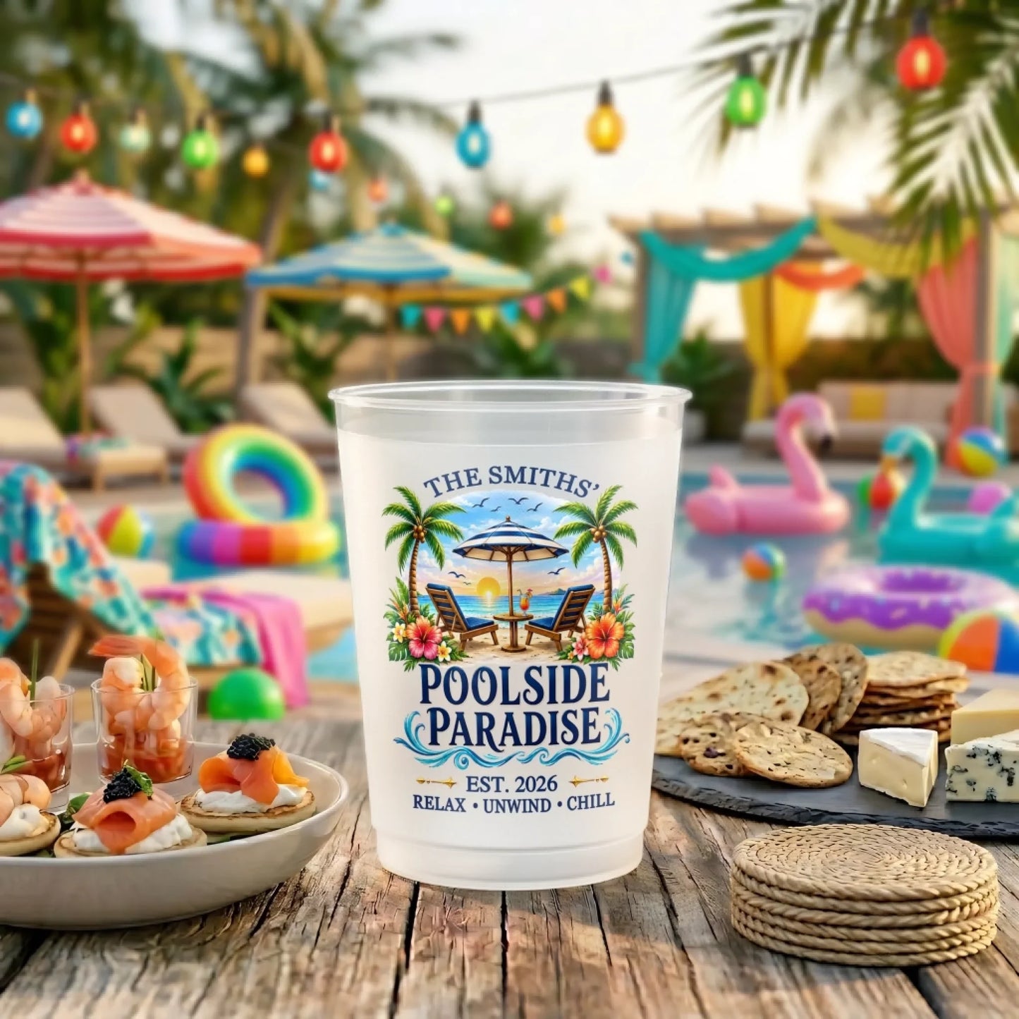 Custom Poolside Party Cups - Personalized Summer Vacation And Travel Gifts For Mom, Dad, Brother, Sister - Beachside Paradise