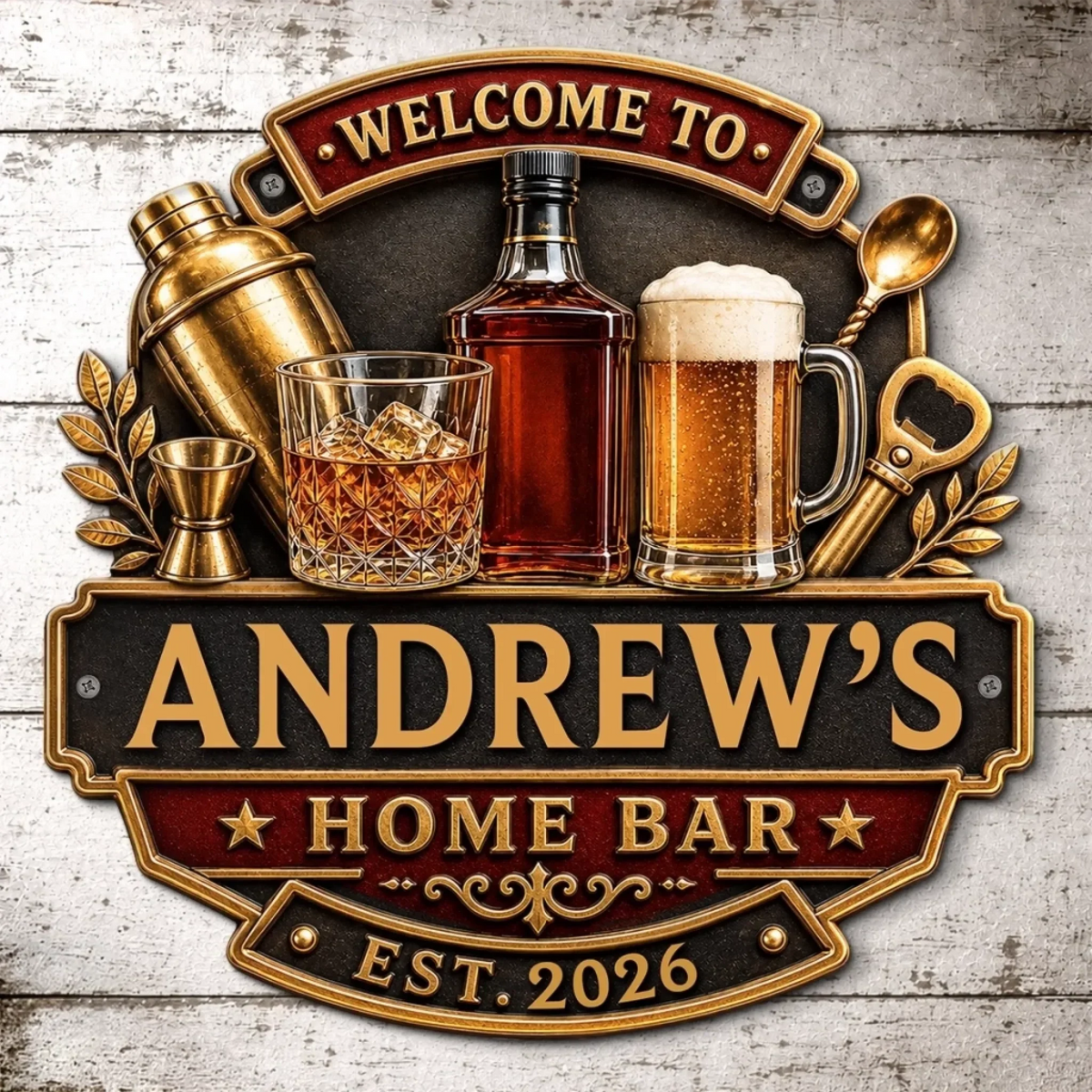 Custom Bar Shaped Metal Sign - Personalized Birthday Gifts For Husband, Son, Grandson, Brother, Grandpa, Dad, Yourself - Home Bar