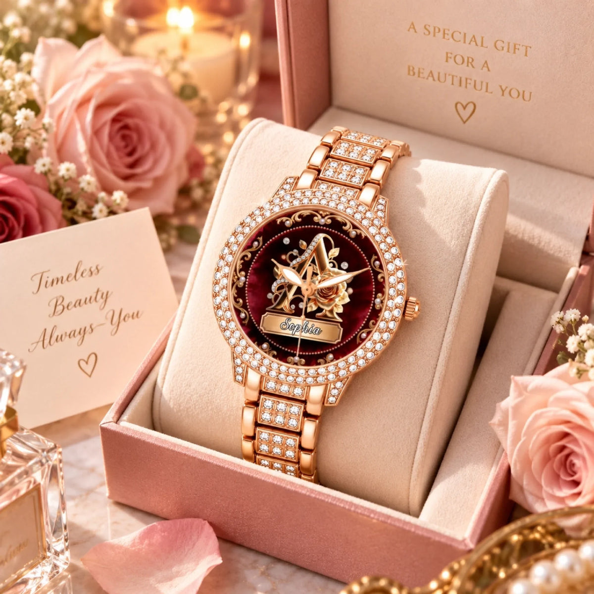 Personalized Pearl & Rose Monogram Watch - Custom Initial & Name Luxury Floral Watch - Elegant Gift