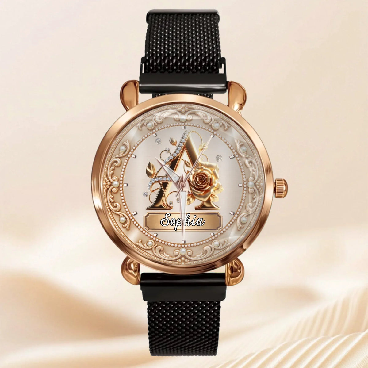 Personalized Pearl & Rose Monogram Watch - Custom Initial & Name Luxury Floral Watch - Elegant Gift