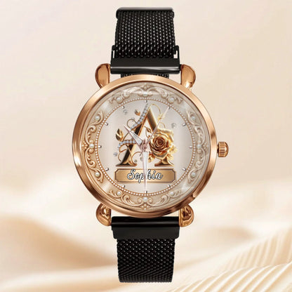 Personalized Pearl & Rose Monogram Watch - Custom Initial & Name Luxury Floral Watch - Elegant Gift
