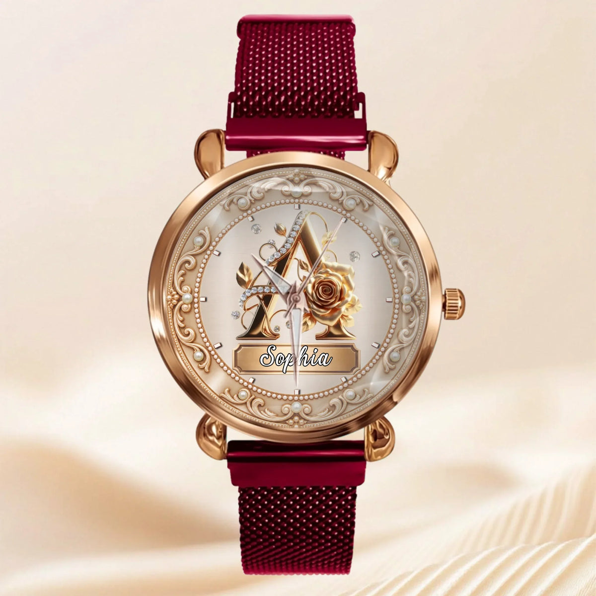 Personalized Pearl & Rose Monogram Watch - Custom Initial & Name Luxury Floral Watch - Elegant Gift