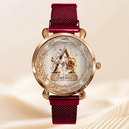 Personalized Pearl & Rose Monogram Watch - Custom Initial & Name Luxury Floral Watch - Elegant Gift