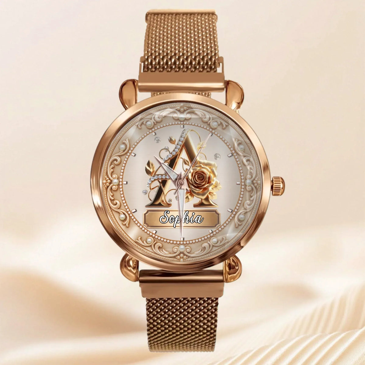 Personalized Pearl & Rose Monogram Watch - Custom Initial & Name Luxury Floral Watch - Elegant Gift