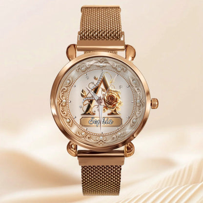 Personalized Pearl & Rose Monogram Watch - Custom Initial & Name Luxury Floral Watch - Elegant Gift