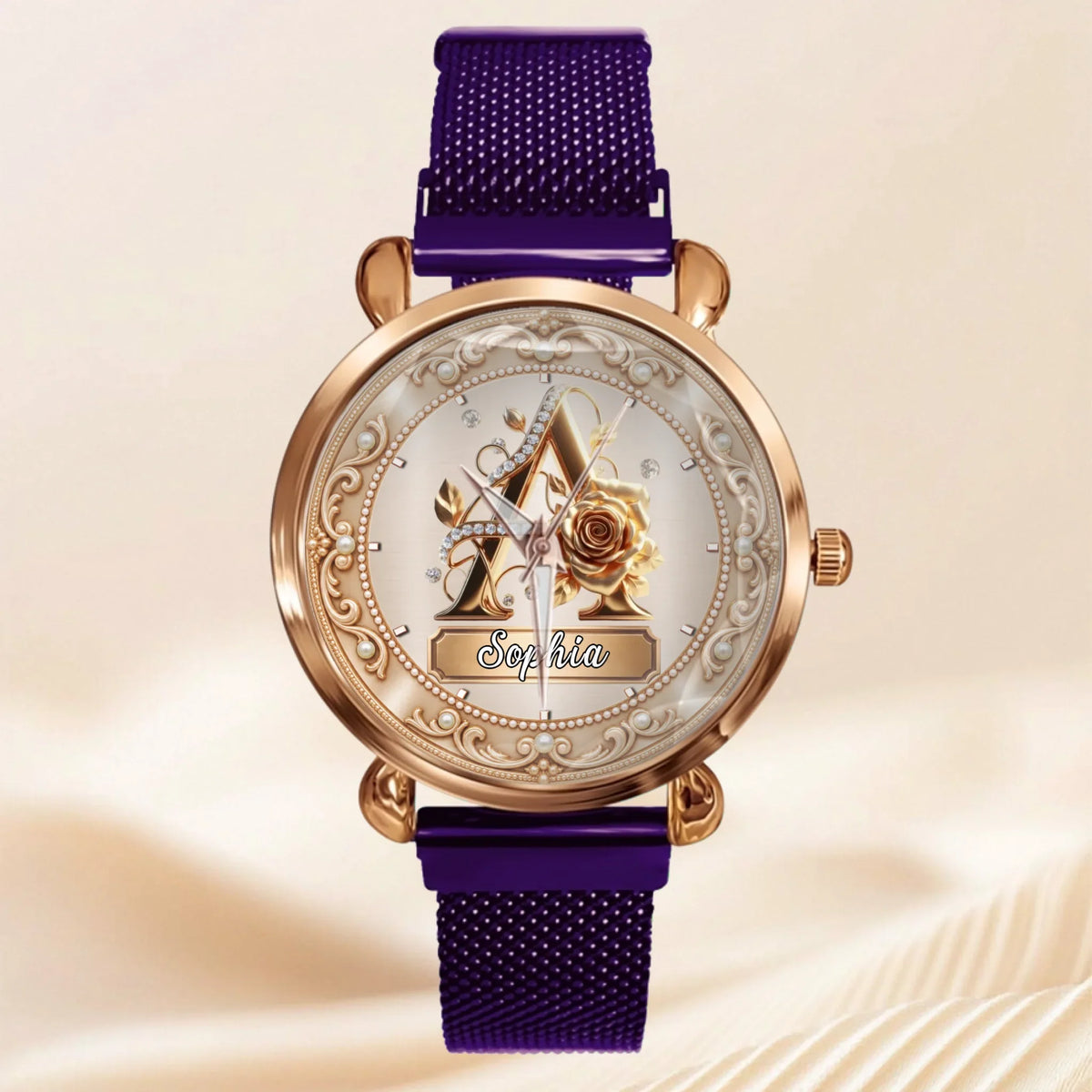 Personalized Pearl & Rose Monogram Watch - Custom Initial & Name Luxury Floral Watch - Elegant Gift