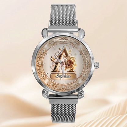 Personalized Pearl & Rose Monogram Watch - Custom Initial & Name Luxury Floral Watch - Elegant Gift