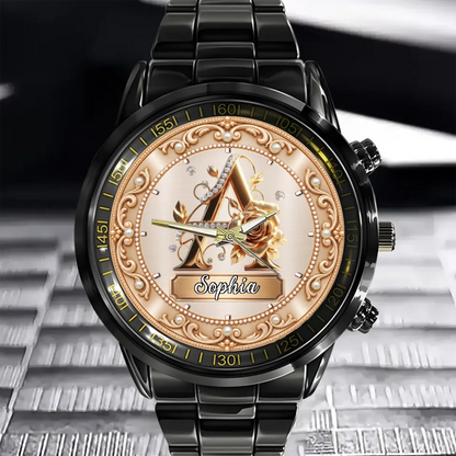 Personalized Pearl & Rose Monogram Watch - Custom Initial & Name Luxury Floral Watch - Elegant Gift
