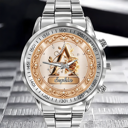 Personalized Pearl & Rose Monogram Watch - Custom Initial & Name Luxury Floral Watch - Elegant Gift