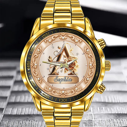 Personalized Pearl & Rose Monogram Watch - Custom Initial & Name Luxury Floral Watch - Elegant Gift