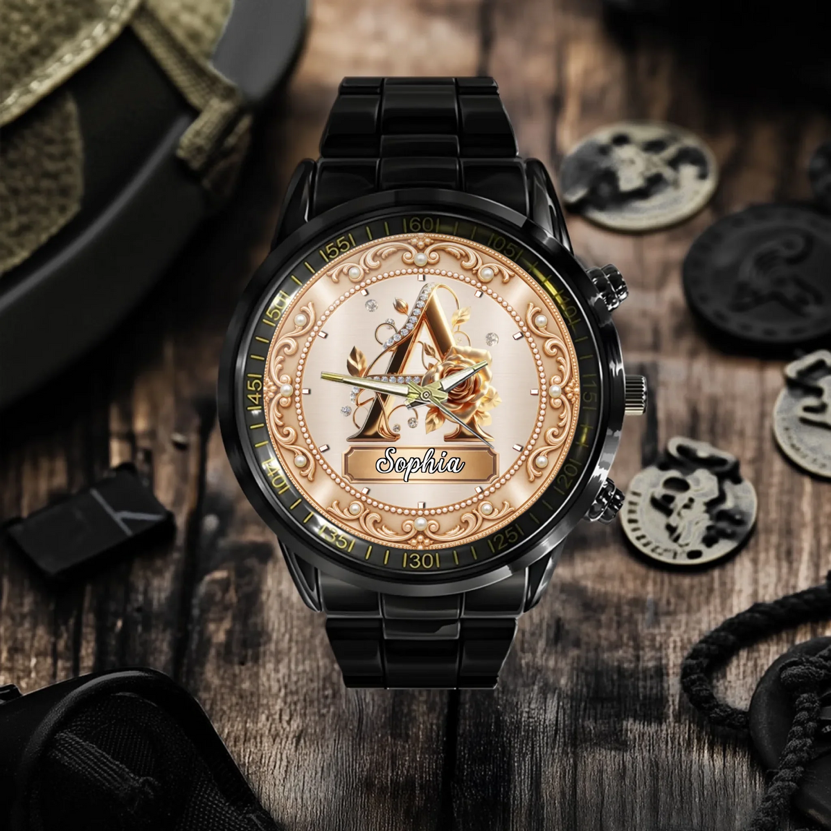 Personalized Pearl & Rose Monogram Watch - Custom Initial & Name Luxury Floral Watch - Elegant Gift