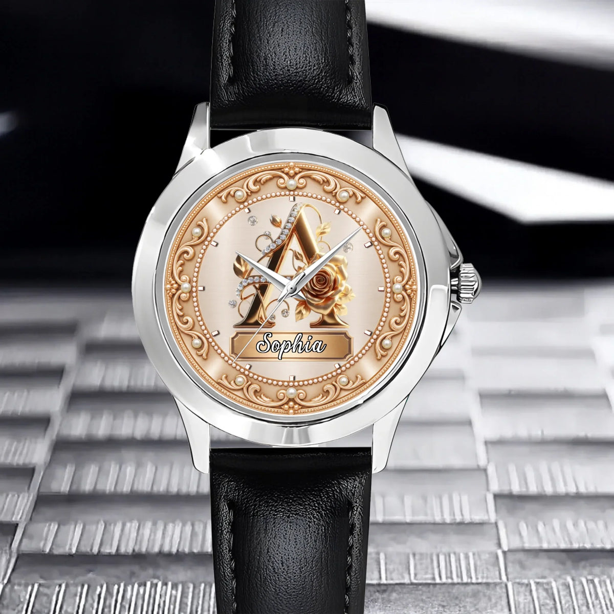 Personalized Pearl & Rose Monogram Watch - Custom Initial & Name Luxury Floral Watch - Elegant Gift
