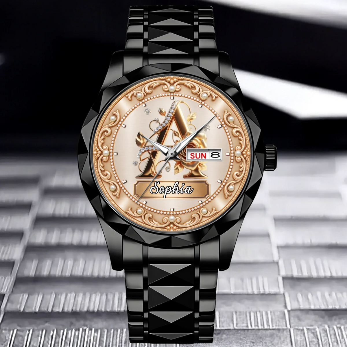 Personalized Pearl & Rose Monogram Watch - Custom Initial & Name Luxury Floral Watch - Elegant Gift