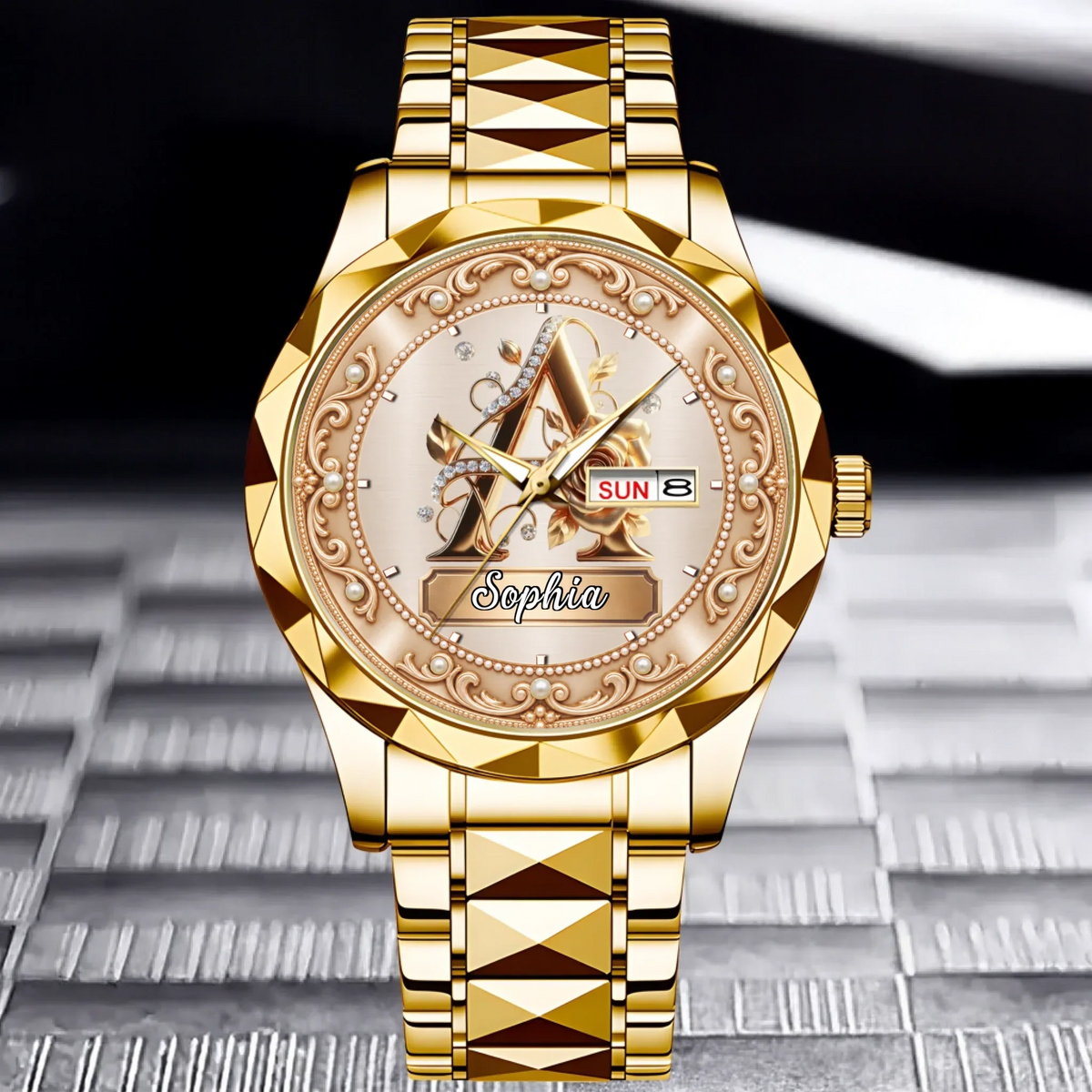 Personalized Pearl & Rose Monogram Watch - Custom Initial & Name Luxury Floral Watch - Elegant Gift