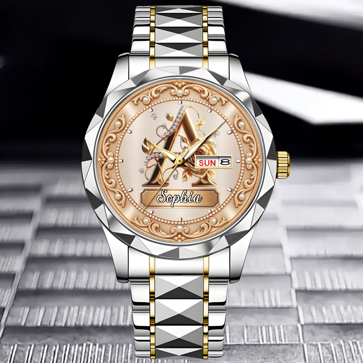 Personalized Pearl & Rose Monogram Watch - Custom Initial & Name Luxury Floral Watch - Elegant Gift