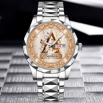 Personalized Pearl & Rose Monogram Watch - Custom Initial & Name Luxury Floral Watch - Elegant Gift