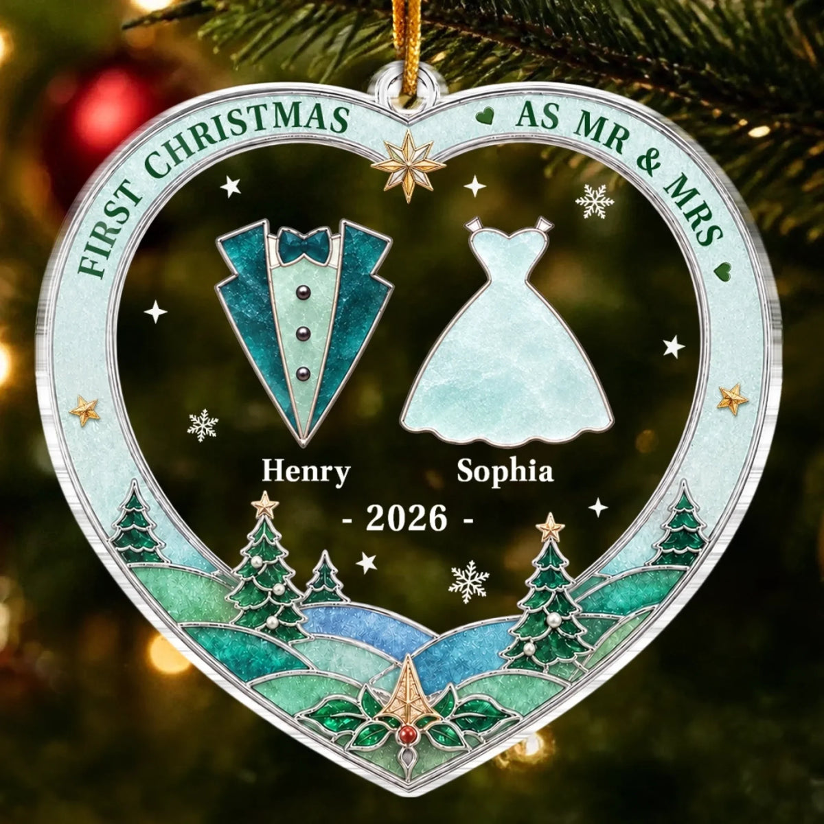 Custom First Christmas Acrylic Ornament - Personalized Anniversary Christmas Wedding Gifts For Husband And Wife, Him And Her - Cozy Newlywed Christmas Era