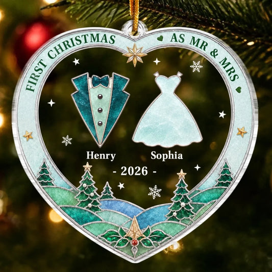 Custom First Christmas Acrylic Ornament - Personalized Anniversary Christmas Wedding Gifts For Husband And Wife, Him And Her - Cozy Newlywed Christmas Era