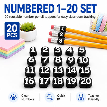 20 Pcs Number Pencil Toppers 1-20, Reusable Classroom Pencil Labels for Teachers, Pencil Tracking Markers for Student Number System, School Supply Station and Classroom Organization