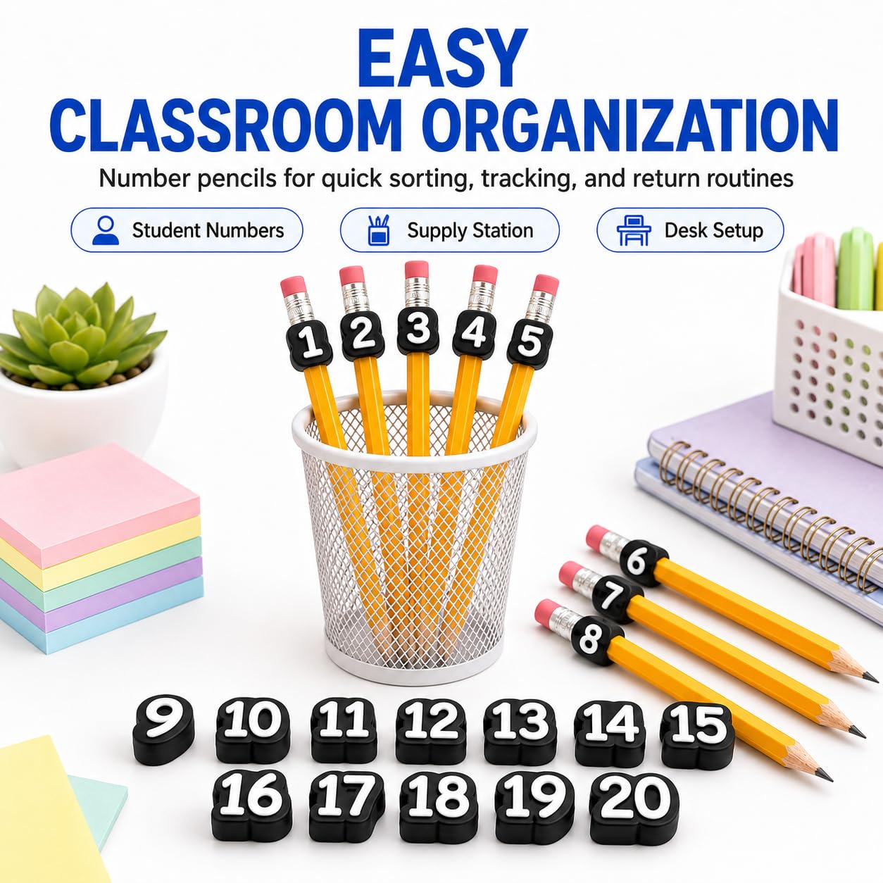 20 Pcs Number Pencil Toppers 1-20, Reusable Classroom Pencil Labels for Teachers, Pencil Tracking Markers for Student Number System, School Supply Station and Classroom Organization