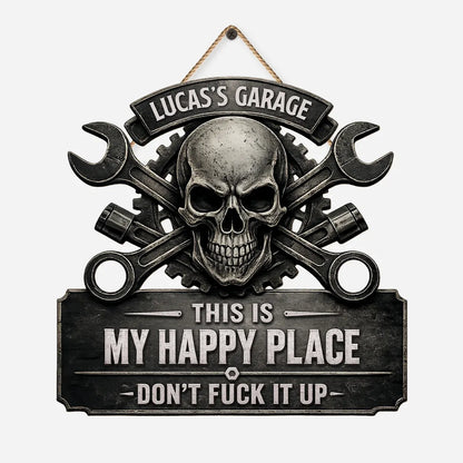 This Is My Happy Place Skull Garage Wood Sign - Personalized Gifts for Him