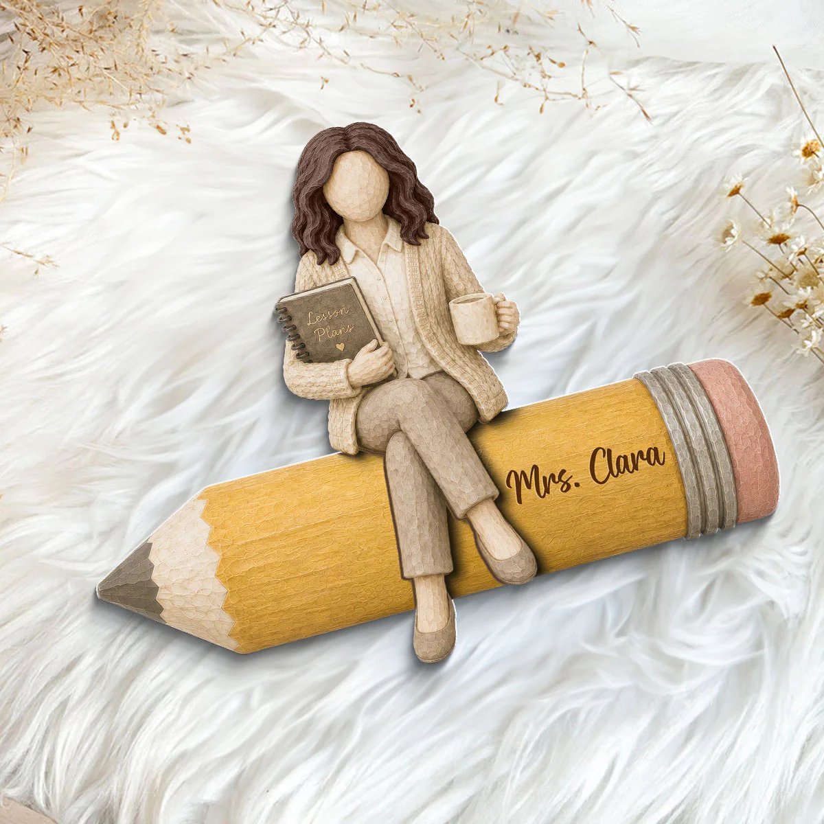 Teacher Sitting On Pencil 2D Flat - Personalized Wooden Plaque - Back To School Gift