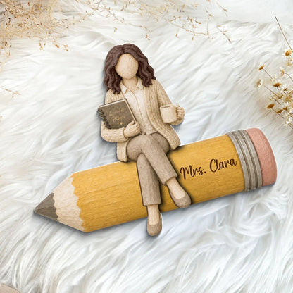 Teacher Sitting On Pencil 2D Flat - Personalized Wooden Plaque - Back To School Gift