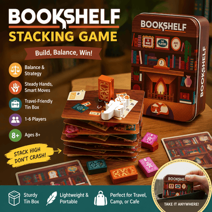 📚🎲Bookshelf Cooperative Stacking Game | Skill & Balance Card and Book Tower Game in Travel Tin