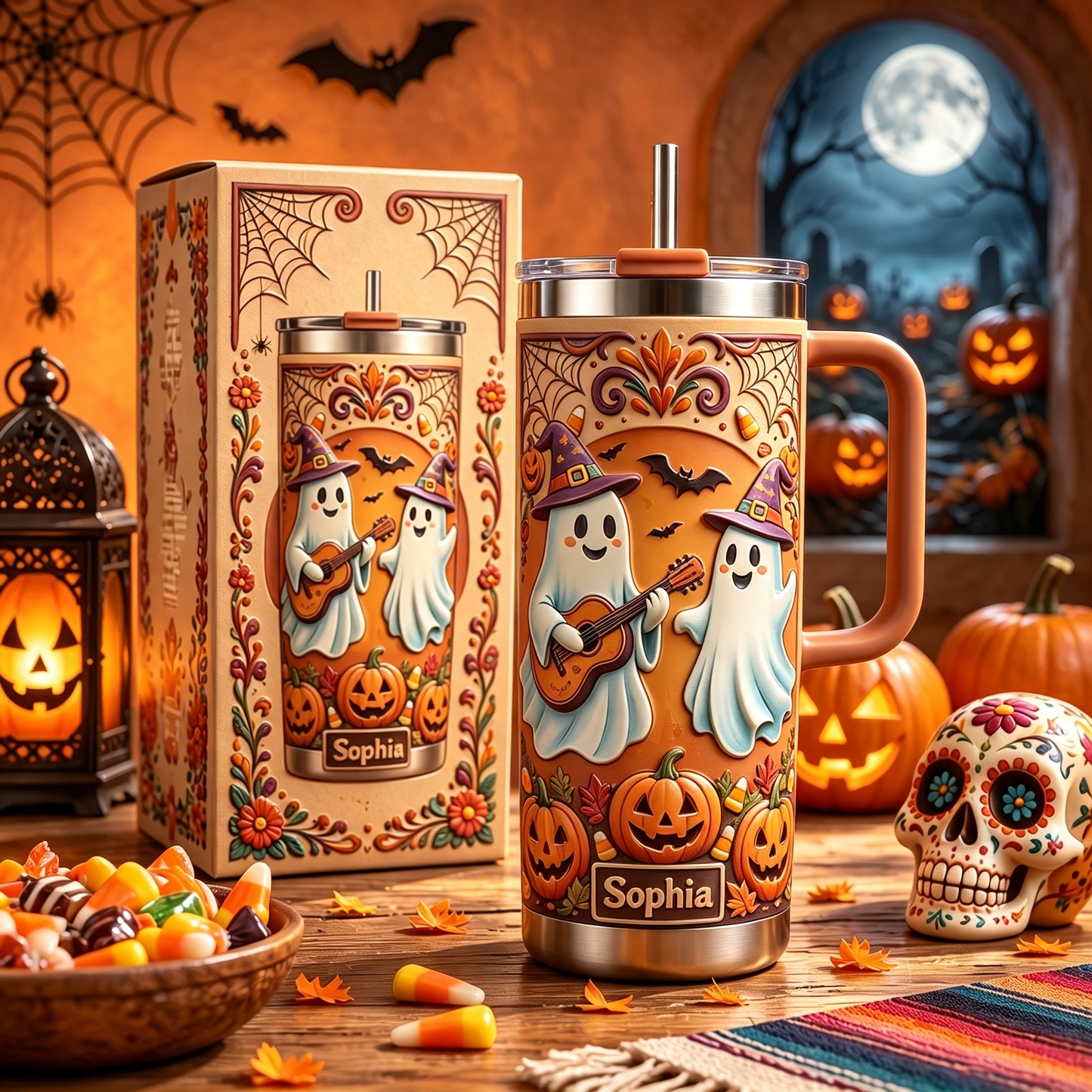👻🎃Personalized Halloween Ghost Guitar 40oz Tumbler with Handle