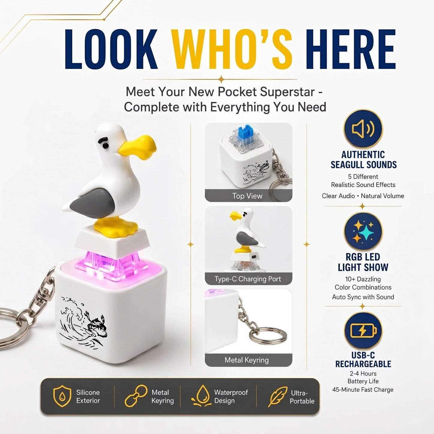 Seagull MINE! Button Keychain-Real Sound & LED Light, Funny Interactive Gift for Friends & Family summerwins